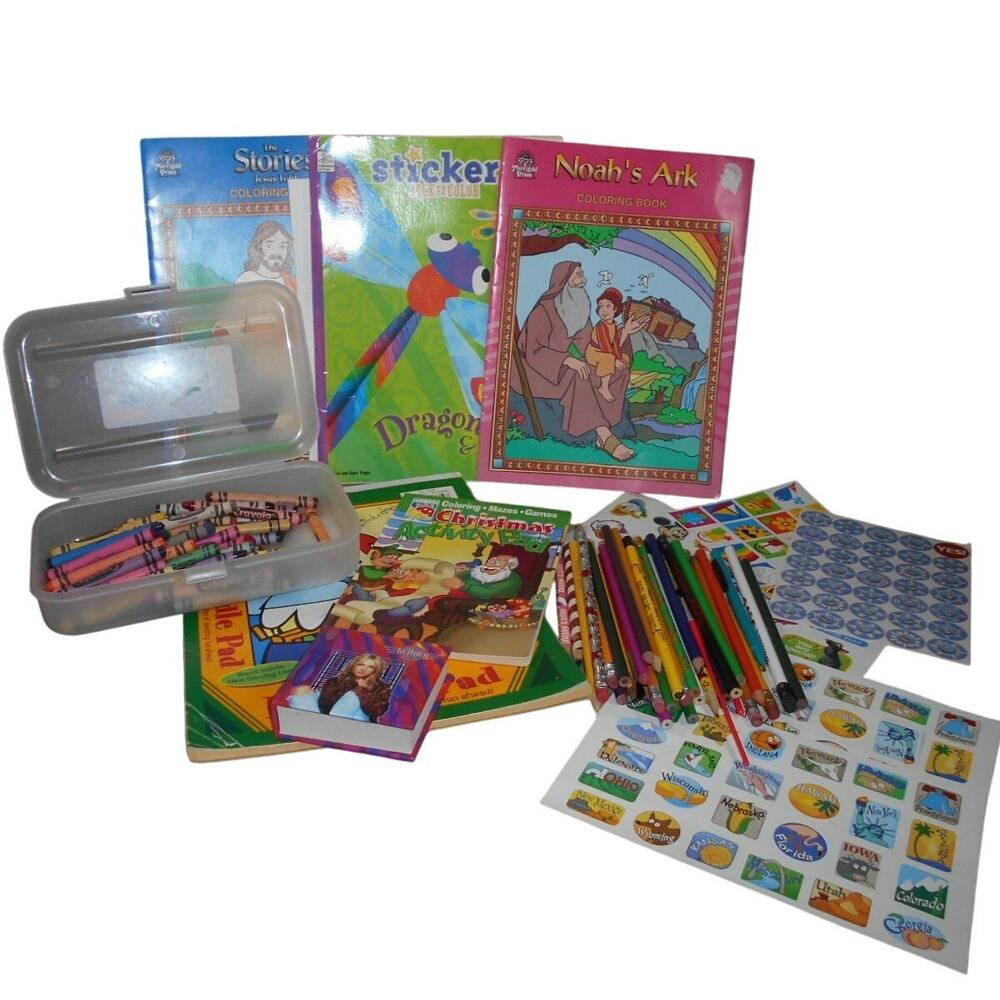 Kids Coloring Book/Drawing Lot: Stickers, Crayons, Coloring Books, Pencil Box